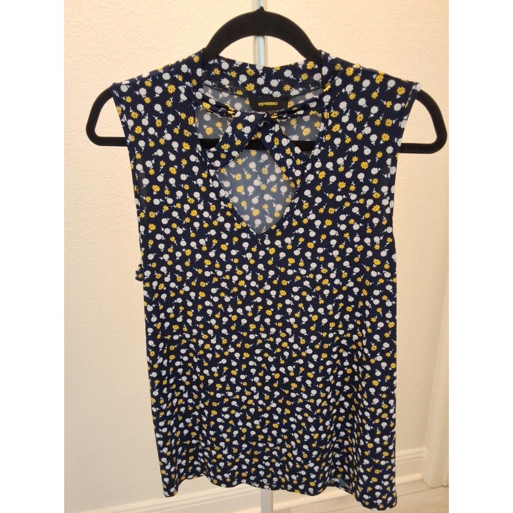 Expresso L Navy Ditsy Floral Keyhole Mock Neck Sleeveless Blouse Y2K Cutout Top